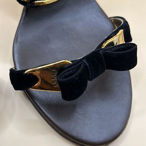 Marc by Marc Jacobs Women's 40 Navy Velvet Bow Strap Heel Sandals Gold Hardwear - Picture 5 of 10